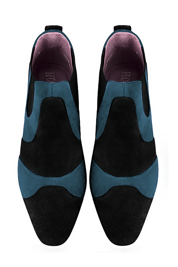 Matt black and peacock blue women's ankle boots, with elastics. Round toe. Low flare heels. Top view - Florence KOOIJMAN